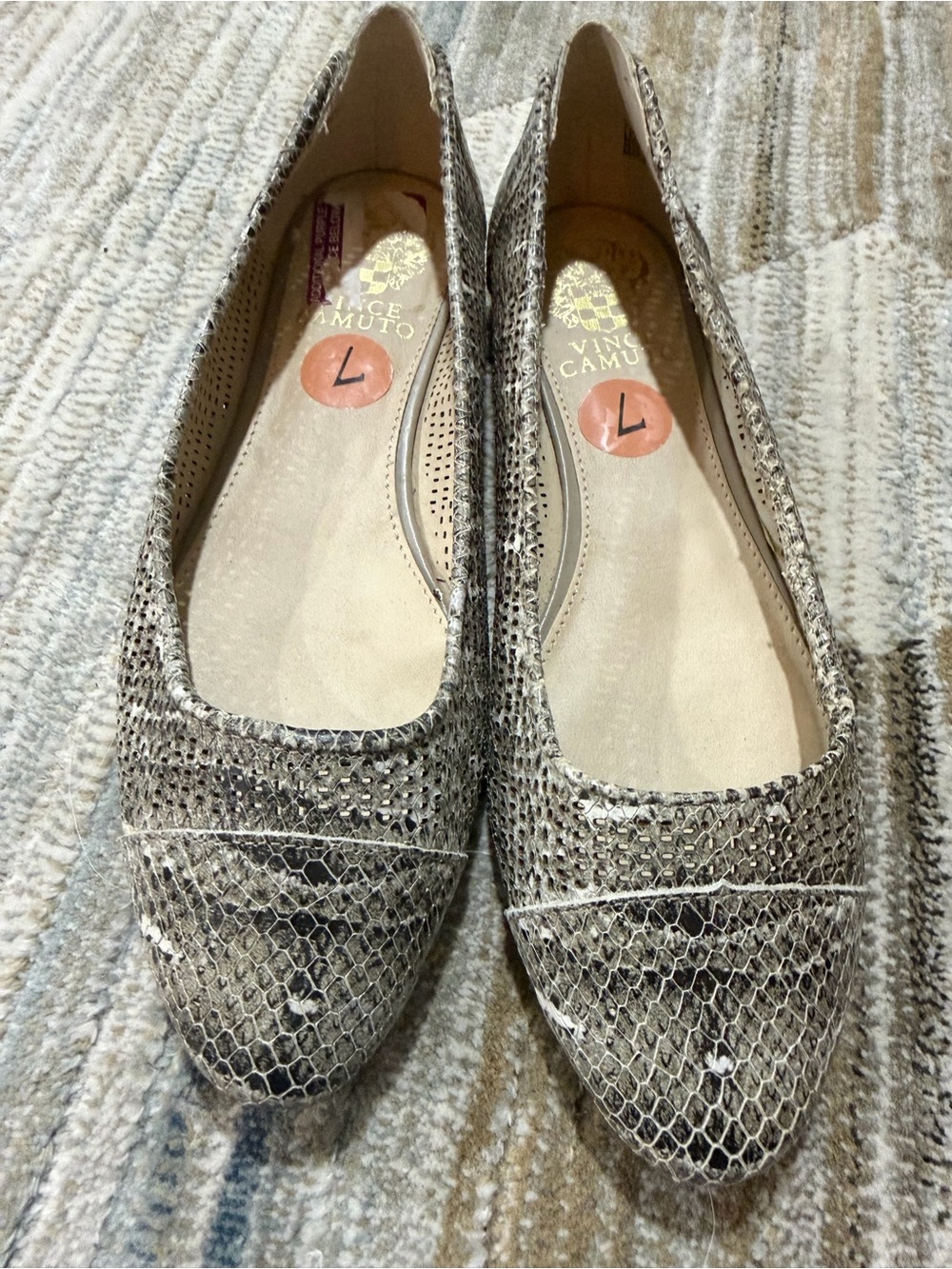 Vince Camuto Taupe Snake-Print Pointed Ballet Flats